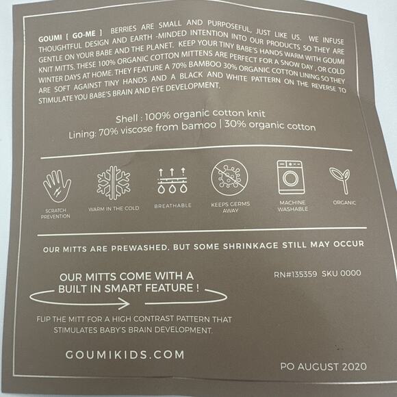 Goumi Knit Stay On Baby Mittens Size 3-6 Months Brown Organic Cotton Bamboo NEW - Picture 4 of 5